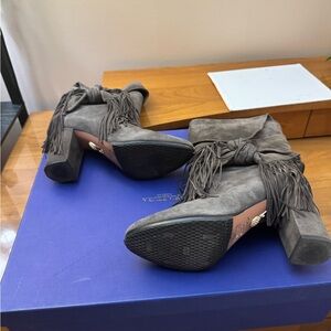 Gray Suede Fringe Ankle Boots